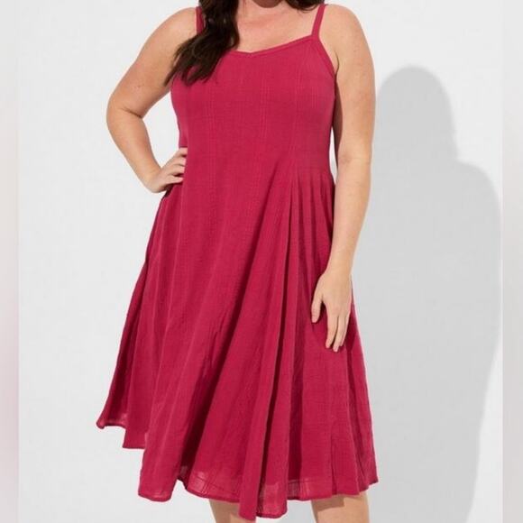 Torrid Midi Textured Cotton Trapeze Dress in Red Bud - Picture 1 of 13